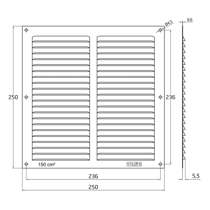 Grille d'aération en aluminium + moustiquaire Argent 250 x 250 mm à visser AMIG23349