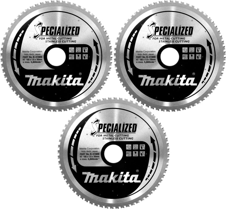 Lames Carbure Metal/Inox Po 185x30 mm 64D (3 Pcs) Makita B-34774