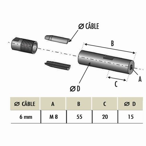 FIXATION A VISSER PAS A GAUCHE POUR CABLE D6 M8 INOX 316 - 306232