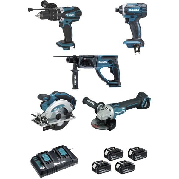 Pack de 5 machines 18V 5 Ah  Makita (DHP458 + DTD152 + DGA504 + DHR202 + DSS610) DLX5039PTJ